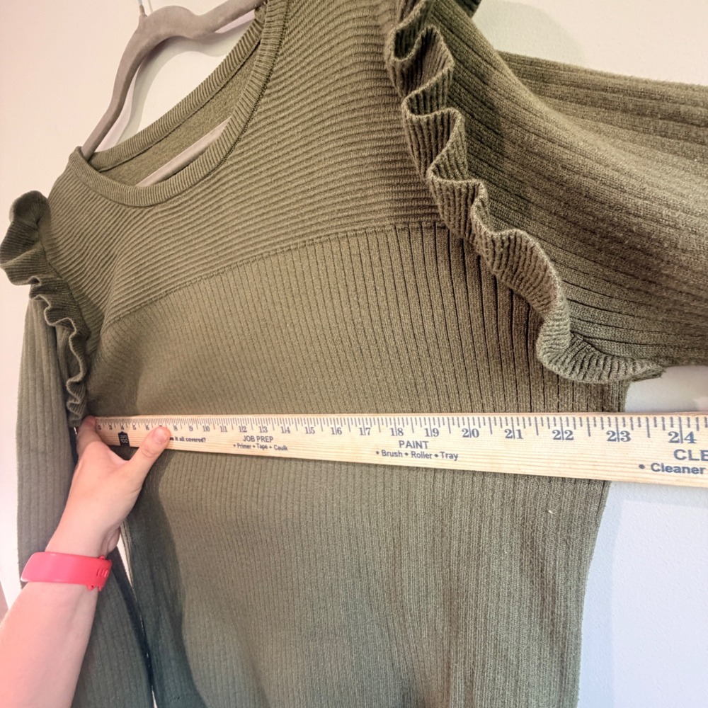 Ruffle Shoulder Ribbed Knit Thick Sweater Women XL Olive Green Cottagecore - Picture 4 of 4